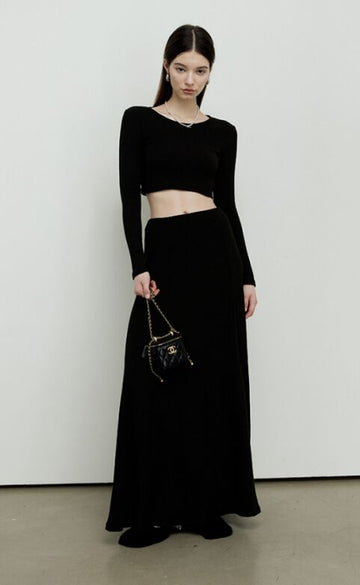 Black, women's long skirt set, low round neck long sleeved top, exposed belly button, large swing long skirt