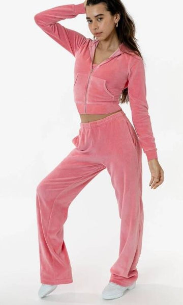 Pink, women's velvet casual jumpsuit, long sleeved top with open chest zipper, loose pants