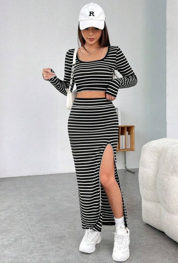 Black, black and white horizontal stripe women's suit, top U-neck, long sleeves, knee high split hip skirt