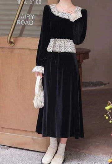 Black, women's velvet suit, with lace design on the top cuffs and collar, elegant long skirt