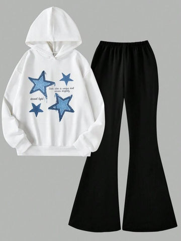 White, women's hoodie set, white hooded top, black bell bottom pants, top with 4 blue star patterns