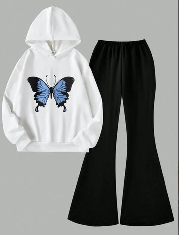 White, women's hoodie set, top white hooded sweatshirt, black bell bottom pants, top blue butterfly pattern
