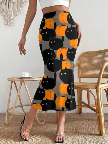 Black and white, women's tight skirt, black cat and orange pumpkin pattern