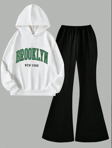 White, women's hoodie set, top white hooded sweatshirt, black bell bottom pants, top BROOKLYN letter pattern