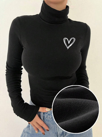 Black, women's velvet base shirt, long sleeved high neck tight fitting shirt, white heart pattern on the left side of the chest