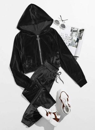 Black, women's velvet suit, long sleeved zipper top, long pants with hem closure