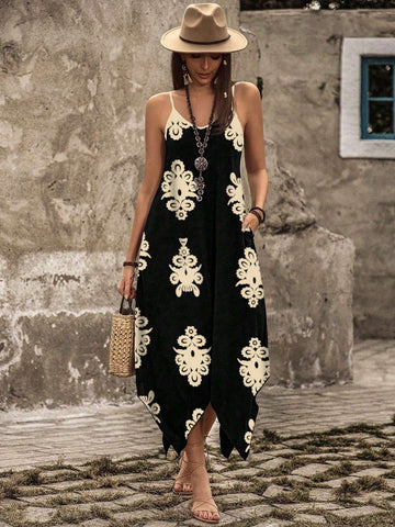 Black, women's dress, camisole, vacation style, white print