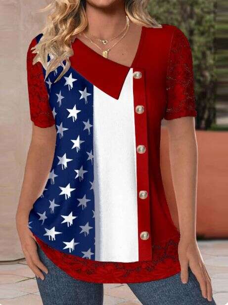 Ladies' top, American Star Spangled Banner, asymmetrical buttons, short sleeved top