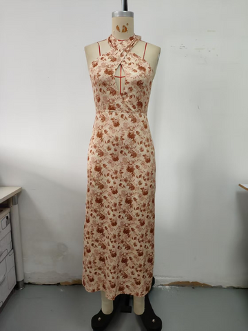Apricot colored cross neck dress, long, floral pattern