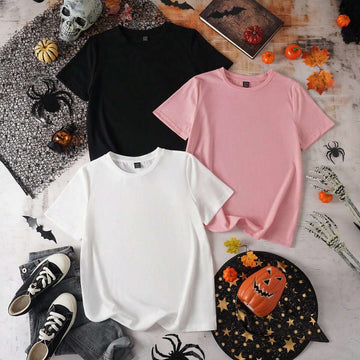 Women's 3-piece T-shirt set, black, white, pink, short sleeved solid color T-shirt, round neck