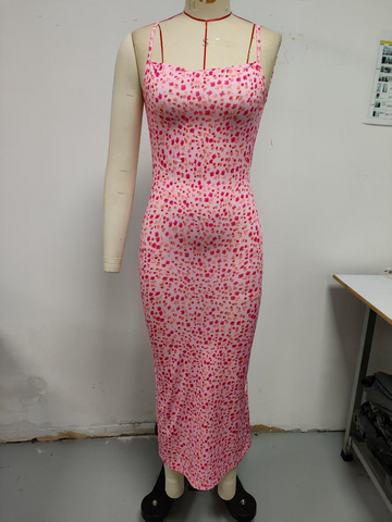 Pink, floral, backless, thin shoulder strap camisole dress, low cut, tight fitting buttocks, skirt length over knees