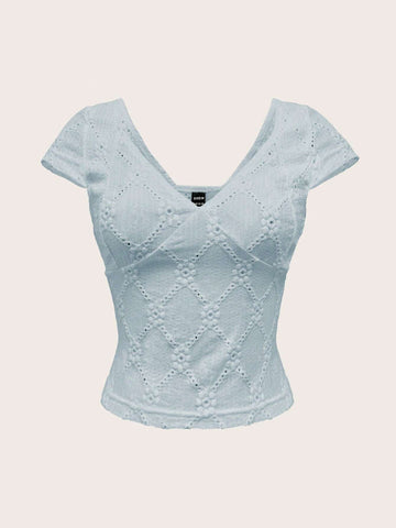 Light blue, women's top, hollowed out embroidery, V-neck short sleeved shirt