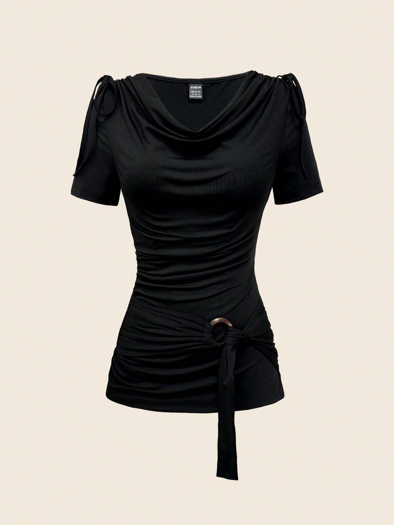Black, women's tight fitting top, cinched waist, front chest pleated decoration