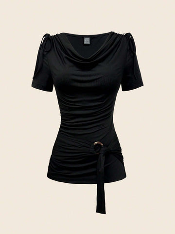 Black, women's tight fitting top, cinched waist, front chest pleated decoration
