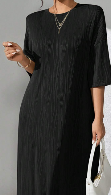 Black, pleated texture, mid sleeved long skirt