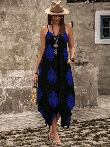 Blue, women's camisole dress, vacation style, blue print