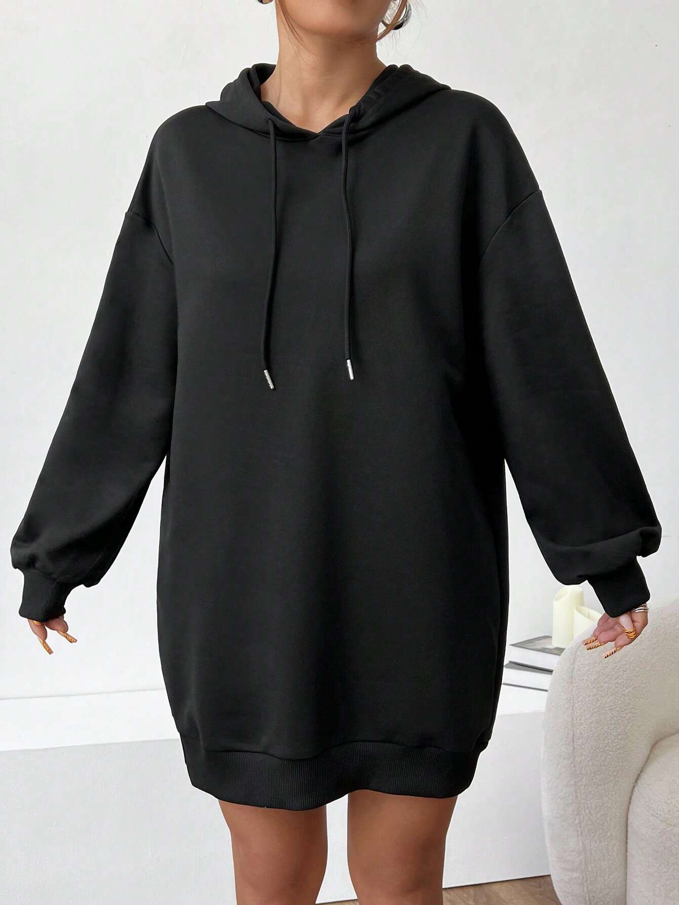 Black, women's hoodie, long sleeved hoodie, length over hips