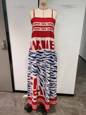 Red, letter print, fish pattern, camisole dress