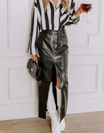 Black, high waisted, split, PU leather, midi skirt