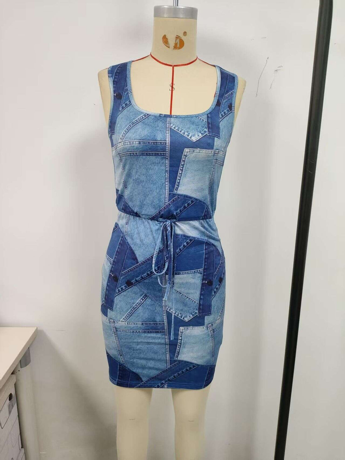 Blue, imitation denim dress, U-neck, sleeveless