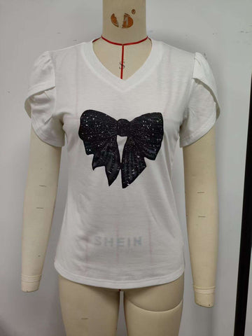 White, V-neck T-shirt with black bow decoration
